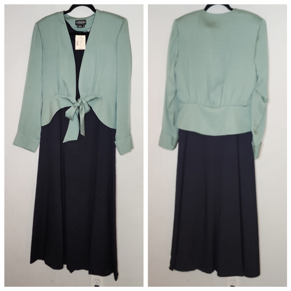 Nwt J. Peterman Silk Maxi Dress 2 Piece Set Navy Blue Green Size 14